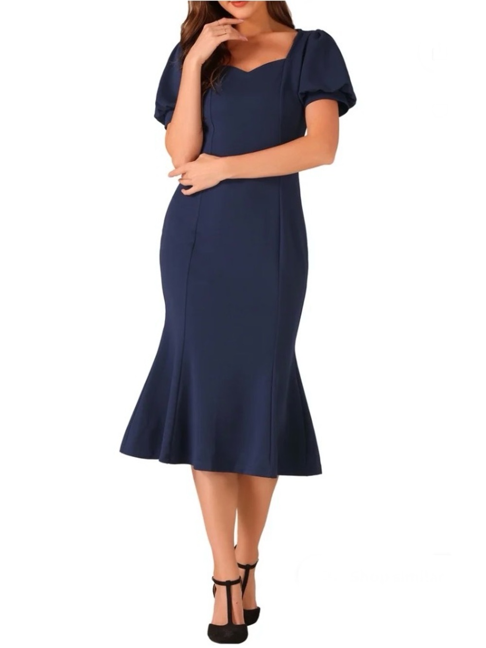 Allegra K Sweetheart Neck Puff Short Sleeve Mermaid Midi Dress Navy Blue, Size L